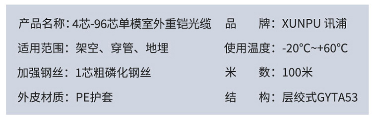 訊浦 GYTA53電信級G652D線芯光纜 單模重鎧4-96芯 100米_http://www.oann34.cn_所有產(chǎn)品_第10張