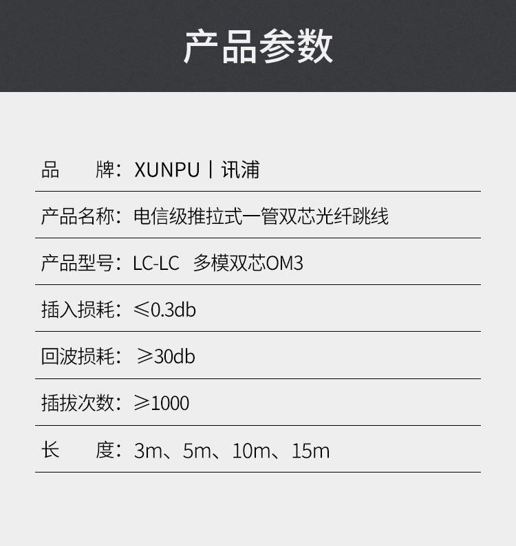 訊浦 萬兆多模光纖跳線LC-LC OM3一管雙芯拉桿推拉式尾纖3米~15米_http://www.oann34.cn_所有產品_第13張